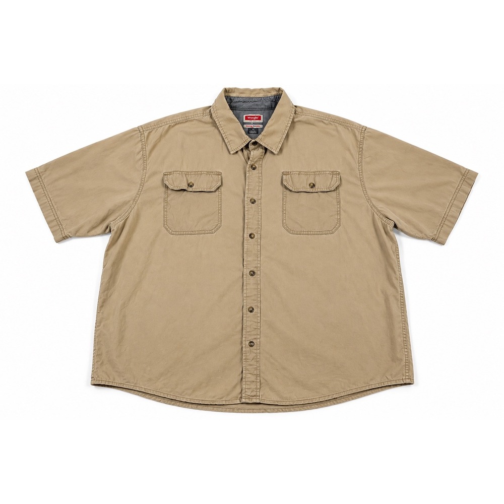 Wrangler Mens 2XL Khaki Tan Flex for Comfort Short Sleeve Button Down Shirt